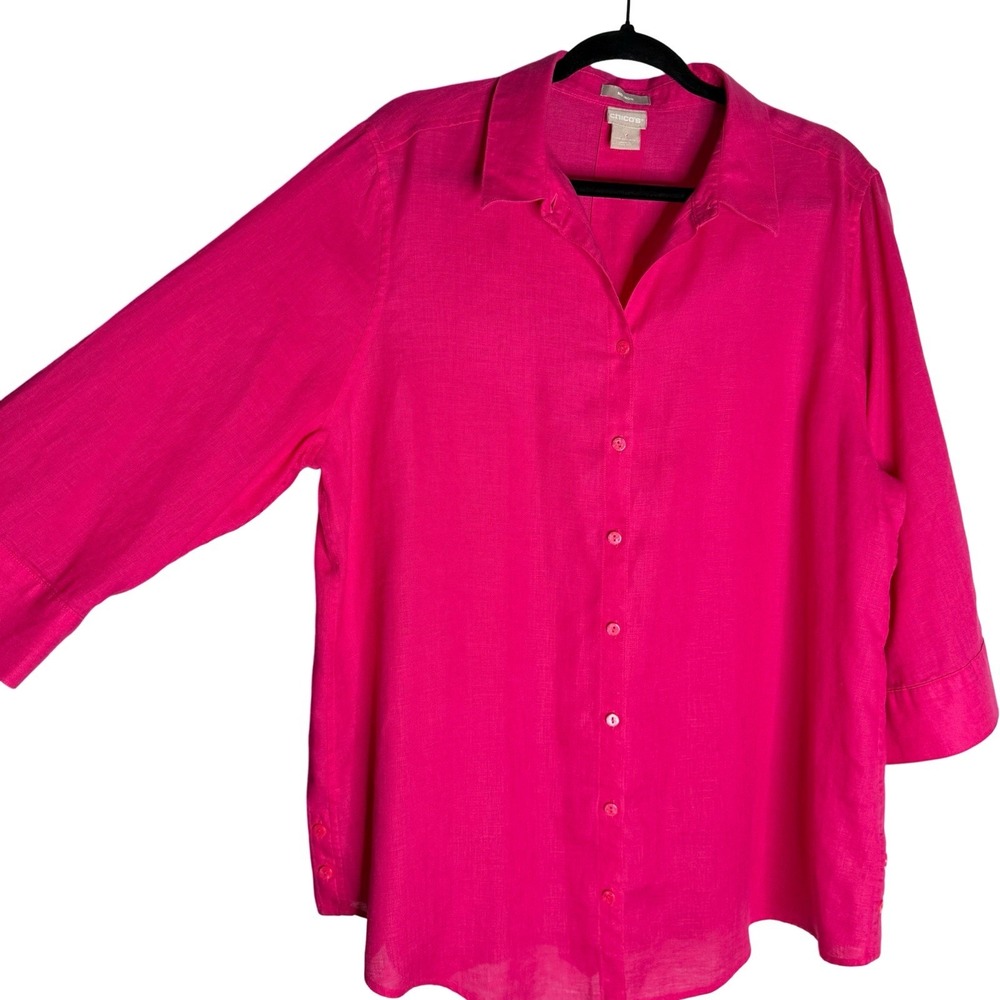NWOT Chicos No Iron 100% Linen Pink Shirt Blouse Top 3/4 Sleeve Sz 3 (16/18) XL - Picture 2 of 7